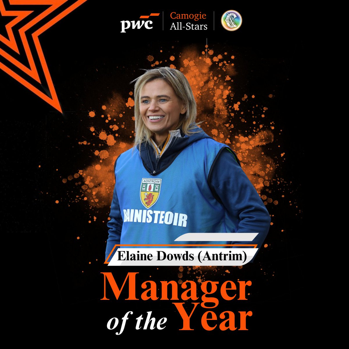 OfficialCamogie's tweet photo. Congratulations to Elaine Dowds (Antrim), named PwC Camogie Manager of the Year. 🏆
 
A fitting recognition of an outstanding season with Antrim Camogie and a fantastic achievement for Elaine. 👏🏻

#PwCCamogieAllStars https://t.co/FyTmF46RE8