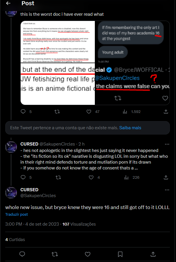 KrNati__'s tweet photo. snippets of bryce being into loli art, abuse and gore

also archive of his alt twitter account where he posted this stuff in replies https://t.co/3PjnDeM0aN