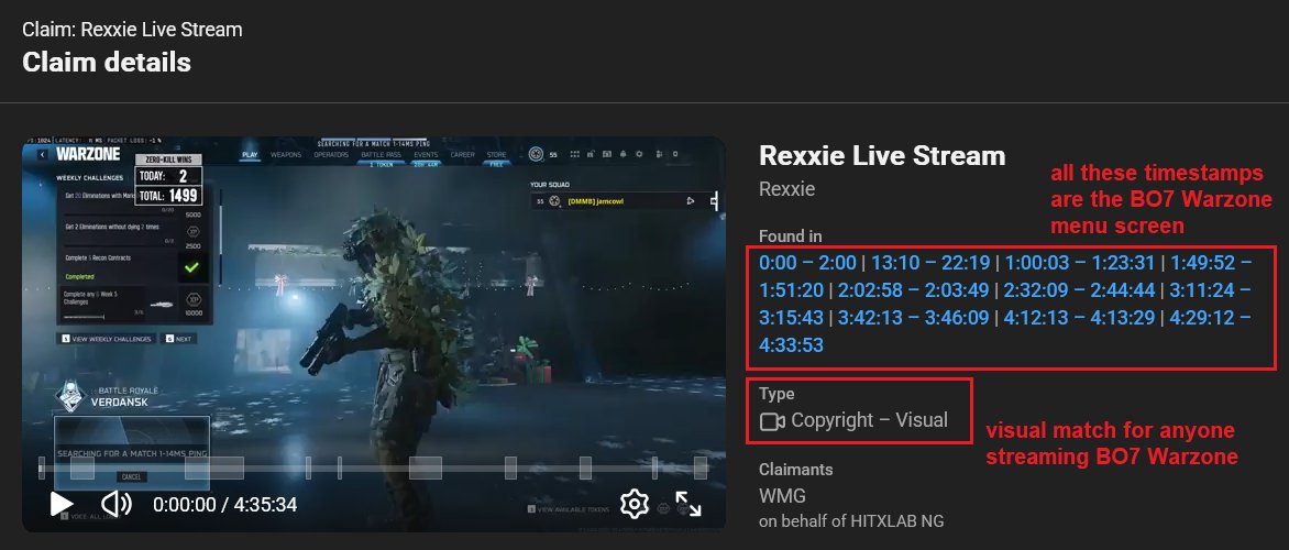 jamcowl's tweet photo. @BearPigCentral Me too...
1) he's a music channel managed by WMG
2) he livestreams music stuff
3) WMG uses YouTube content detection to flag any copies, including "visual matches"
4) he streams BO7 Warzone a couple times
5) main menu visually matches everyone's main menu
6) WMG flags everyone https://t.co/UrPErhzluR