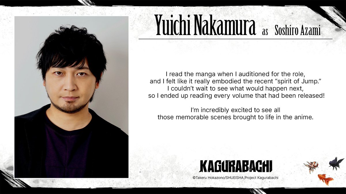 kb_anime_en's tweet photo. We're excited to announce that Yuichi Nakamura will be the voice of Soshiro Azami in the Kagurabachi anime!

Check out this special comment we received from him to celebrate!

#Kagurabachi #BachiAnime https://t.co/hFkYL2VlHj