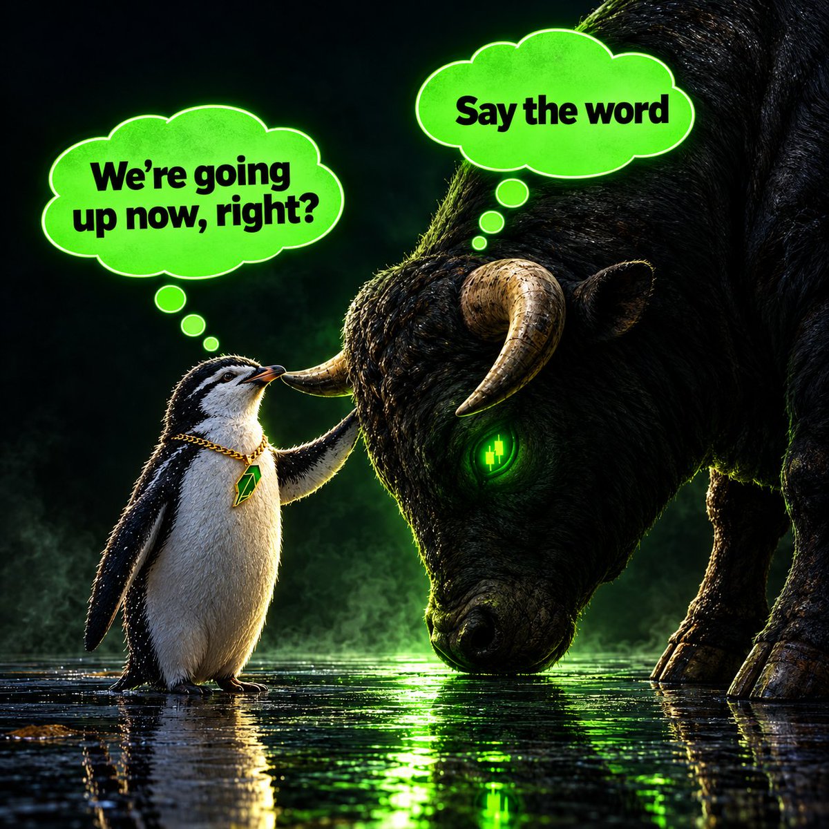 WeyaTheBull's tweet photo. 𝑻𝑯𝑬 𝑷𝑬𝑵𝑮𝑼𝑰𝑵 𝑨𝑵𝑫 𝑻𝑯𝑬 𝑺𝑳𝑬𝑬𝑷𝑰𝑵𝑮 𝑩𝑼𝑳𝑳 🐧🐂.

In the land where green lights pierce the night, a lone penguin walked beneath the fading light.
Small in stature, but stubborn in soul,
he carried a dream no market could control.

Before him slept the ancient Bull,
a beast of shadows, power, and will.
It's horns had witnessed fortunes rise, it's eyes had watched a thousand traders compromise.

The Penguin placed his flipper upon the Bull and asked: 

“We’re going up now, right?”

The Bull remained still, thinking to itself:

"This little creature ain't scared of me?"👀

No roar.
No movement.
Only the faint green glow of it's eye, reflected upon the cold, black ground.

Then, from the darkness, came three quiet words:

“Say the word.”

And suddenly, the Penguin understood. The Bull was never asleep.

It was waiting.

Waiting for conviction.
Waiting for the crowd to believe.
Waiting for one small voice to speak life into him once again.

So the Penguin whispered:

“Best friends forever?"

Thus began the legend of the Small One
who awakened the Bull.🐧🐂🟢

𝓞𝓻𝓲𝓰𝓲𝓷𝓪𝓵 𝓵𝓸𝓻𝓮 𝓪𝓷𝓭 𝔀𝓻𝓲𝓽𝓽𝓮𝓷 𝔀𝓸𝓻𝓴 𝓫𝔂 𝓦𝓮𝔂𝓪𝓣𝓱𝓮𝓑𝓾𝓵𝓵 🐂.

$Penguin #Robinhood #Memecoin #Crypto #Giveaway