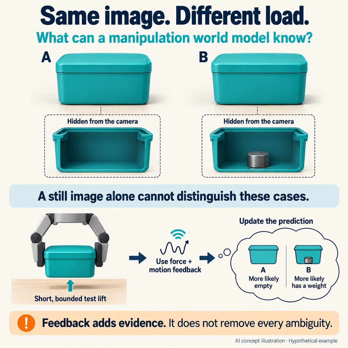 guanliangsky's tweet photo. Identical-looking containers can hide different loads. A world model needs uncertainty when the image cannot decide. A bounded test lift can add force-and-motion evidence, but slip and support can confuse it.

AI concept illustration; hypothetical example. https://t.co/0zGCfXbmt2