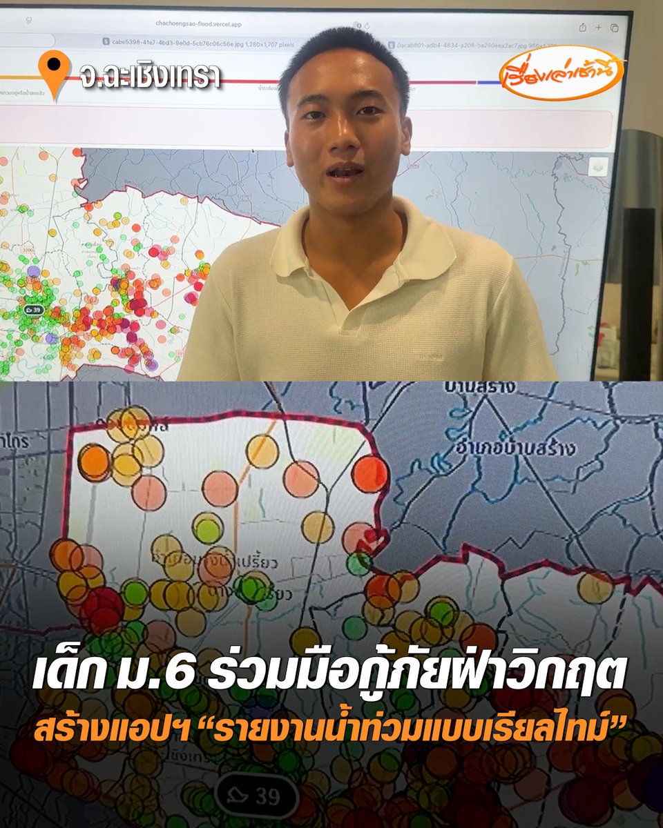 A man stands in front of a large screen displaying a colorful flood-vercel map (chachoengsao-flood.vercel.app) marked with a location pin labeled "อ.คลองเขื่อน" and a flood zone outlined in red, while Thai text at the bottom reads "เด็ก ม.6 ร่วมมือกู้ภัยน้ำท่วม" (M.6 students join flood relief efforts) and "สร้างแอปฯ 'รายงานน้ำท่วมแบบเรียลไทม์'" (Create a 'real-time flood report' app). The image illustrates the post's theme of a Mathayom 6 (grade 12) student contributing real-time flood monitoring through the displayed digital map application.