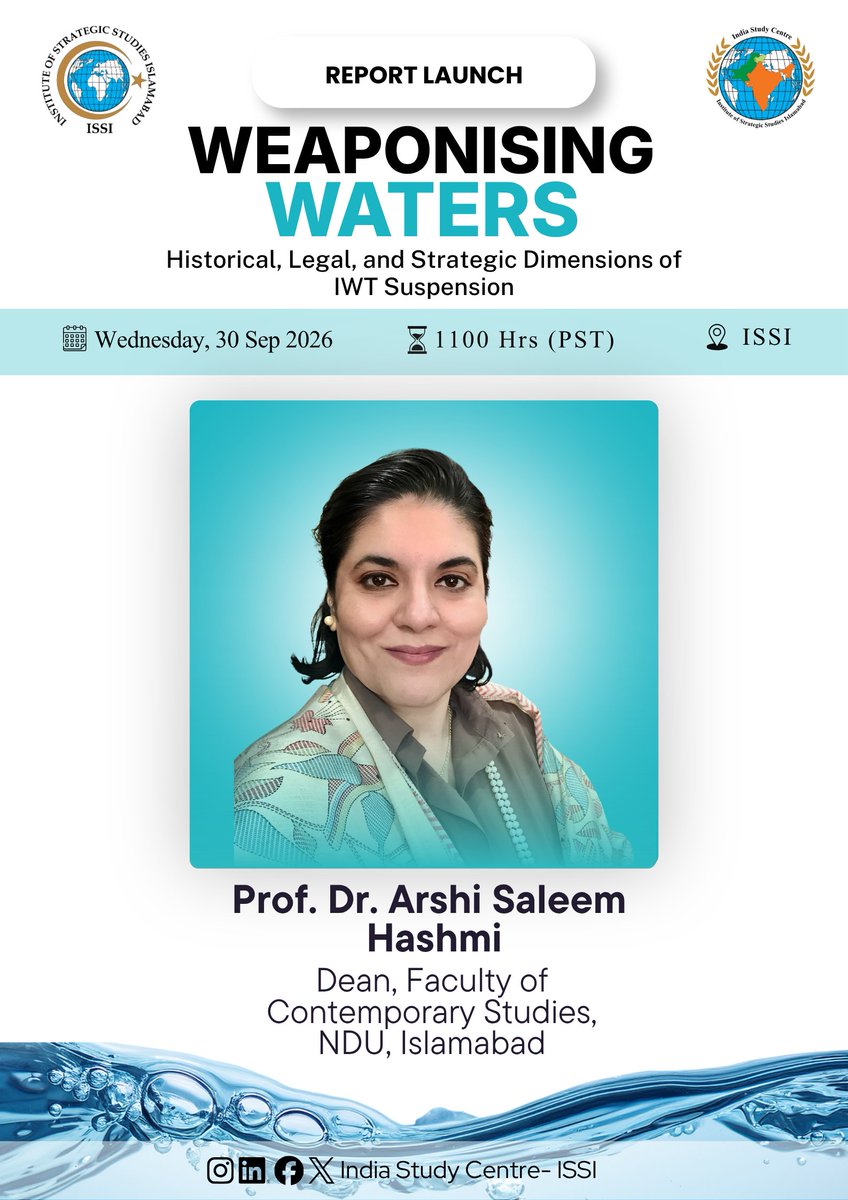 isc_issi's tweet photo. Prof. Dr. Arshi Saleem Hashmi, Dean FCS, NDU, highlighted the institutional breakdown caused by IWT suspension, warning of risks to human vulnerability, agriculture, security and regional stability. She called for legal accountability and stronger water infrastructure. #ISC #ISSI https://t.co/w73awbo7qJ