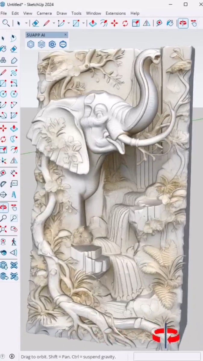 A screenshot of the SketchUp 2024 software interface displaying a detailed 3D relief carving of an elephant surrounded by jungle foliage and water features, with the SUAPP AI toolbar visible.