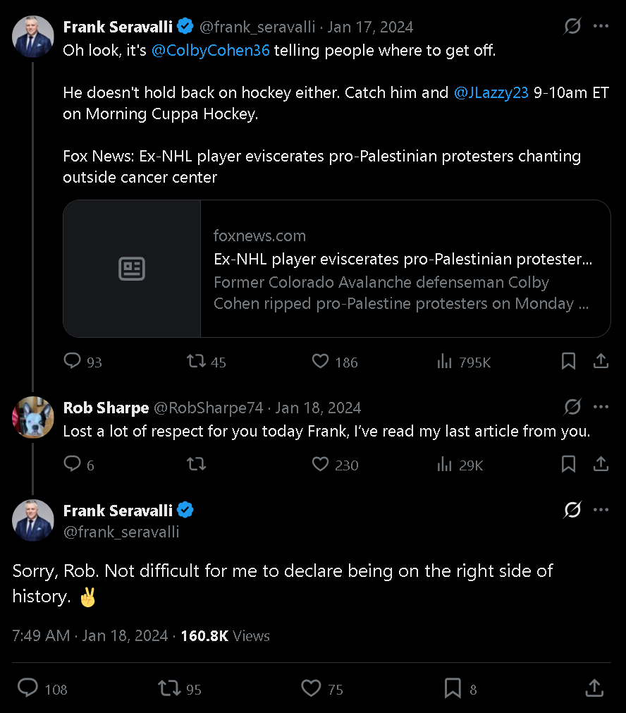 ibamboozIe's tweet photo. Frank Seravalli is an egotistical zionist hypocrite &amp; noted asshole

John Buccigross is a disgusting sex pest &amp; anti vax nutjob

Both of these gross losers belong nowhere near the privileged spots in hockey media they hold &amp; in a just world both would be shunned https://t.co/hzgjB0NFNC