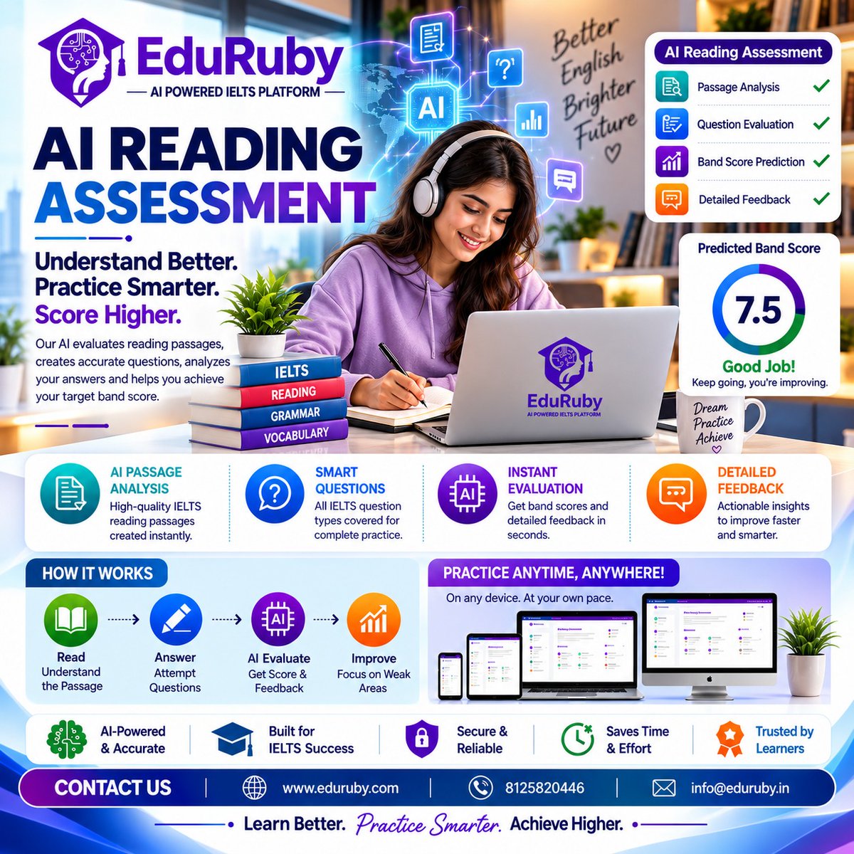 EduRuby100's tweet photo. Transform Your IELTS Reading Practice with AI! 📷📷
Meet EduRuby’s AI Reading Assessment — your smart partner for faster, smarter IELTS preparation!
📷 https://t.co/ovU64KyQ60
📷 8125820446
📷 info@eduruby.in
#EduRuby #IELTS #IELTSPreparation #IELTSReading #IELTSReadingPractice https://t.co/rVnwfOhSXi