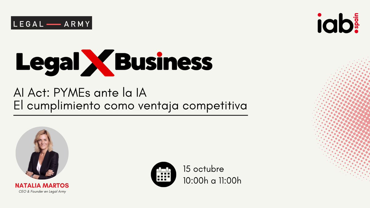 IAB_Spain's tweet photo. 🤖 La IA está transformando la forma de hacer negocio. Y entender la regulación que la acompaña es ya una cuestión clave para las pymes del sector.

En Legal X Business abordamos esta cuestión con “AI Act: Pymes ante la IA. El cumplimiento como ventaja competitiva”. https://t.co/QPJ9NERVrK