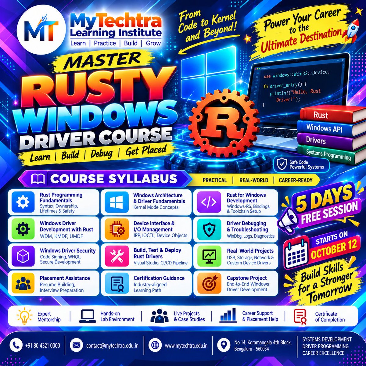 Arvethbatur's tweet photo. 📲Get in touch: 8043210000
📨Contact@mytechtra.edu.in
🗓Begins: October 12th
🚀Practical, Real-world and Real-Time Projects🛠
#MyTechtra #Windows♻️🪟 #WindowsRustdriver #WindowsRust #Rustydrivers #RustTraining #ProfessionalDevelopment #CareerGoals #GrowthMindset #RustSystems⚙️ https://t.co/XCoX84i0e6