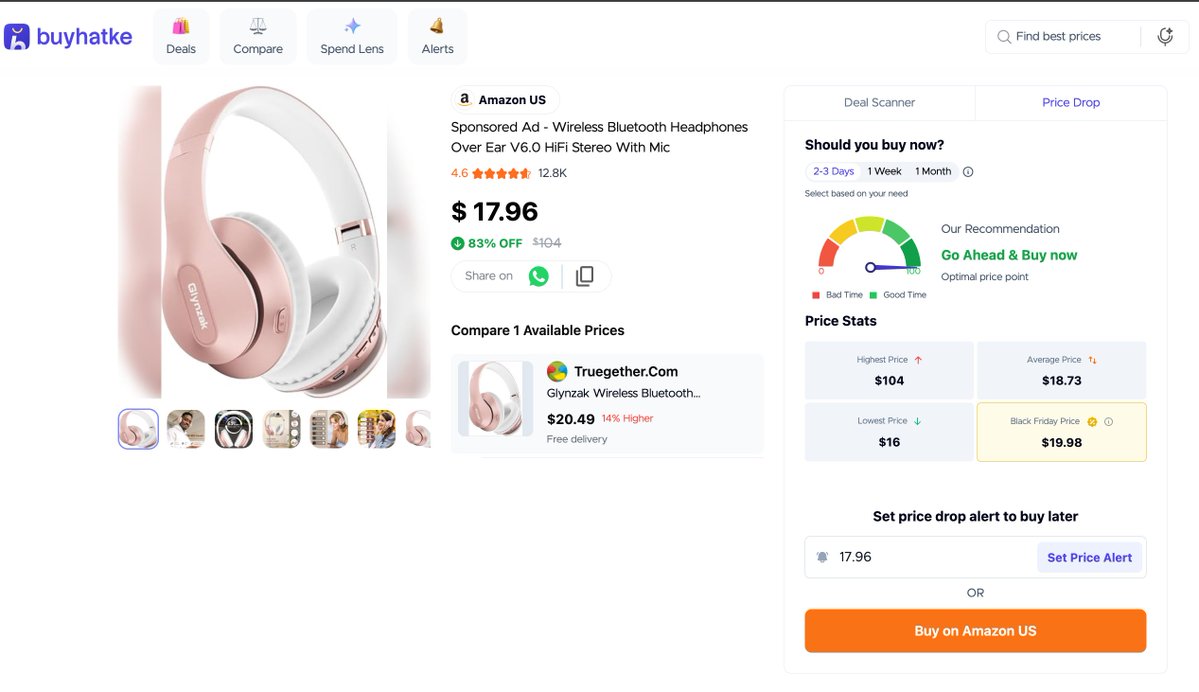 BuyhatkeDEALS's tweet photo. 83% OFF $104' on a pair of Bluetooth headphones 🎧
their actual average price is $18.73. they have never sold above ~$20 in their entire history.
today's price is $17.96 that's 77 cents below average.
the discount is 100% invented....... https://t.co/HAeuqairwx