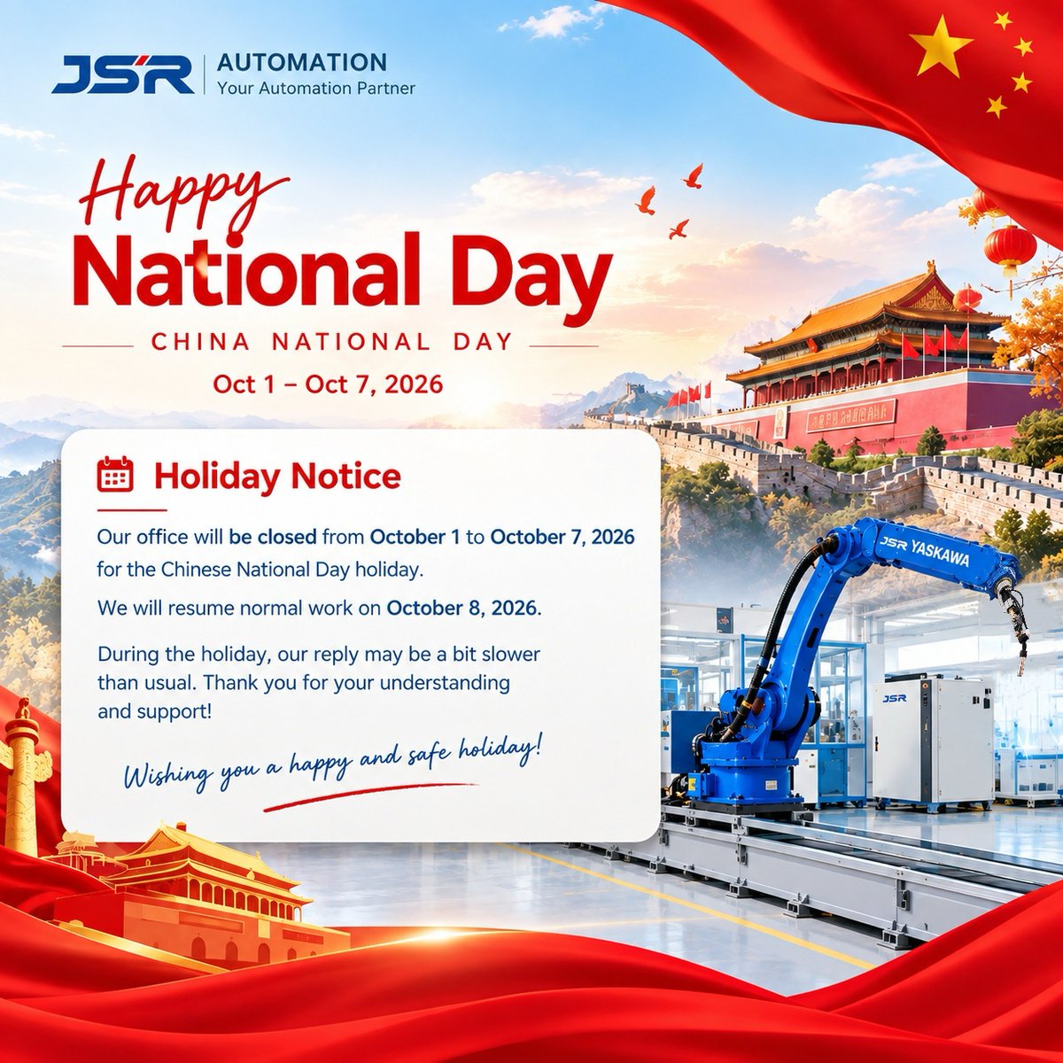 JSR_Automation's tweet photo. Happy Chinese National Day! 🇨🇳 🎈🎉
JSR Automation will be closed from October 1 to October 7,and our replies may be a little slower than usual during the holiday. Thank you for your understanding, and we wish you a happy and safe holiday!
#JSRAutomation #ChineseNationalDay #JSR https://t.co/8Qae7eFtSz
