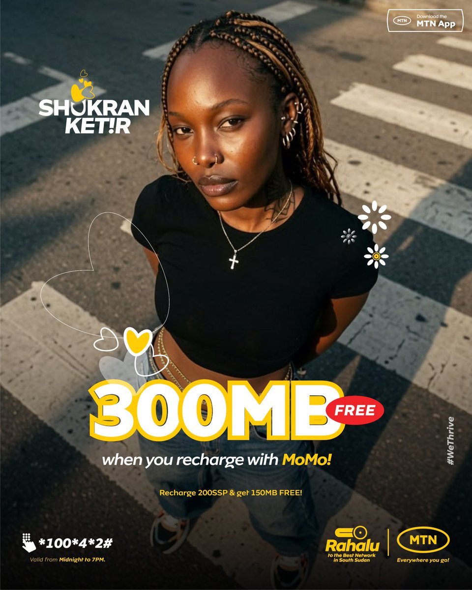 MTNSSD's tweet photo. Halfway through the week, but the vibes don’t have to slow down.
Recharge 200 SSP with MoMo and get 300MB FREE. Using EVD? You still get 150MB FREE.
Dial *100*4*2# and claim your Shukran ketir data.
#Switch2MTN #BestNetwork https://t.co/U0Om7dq87B