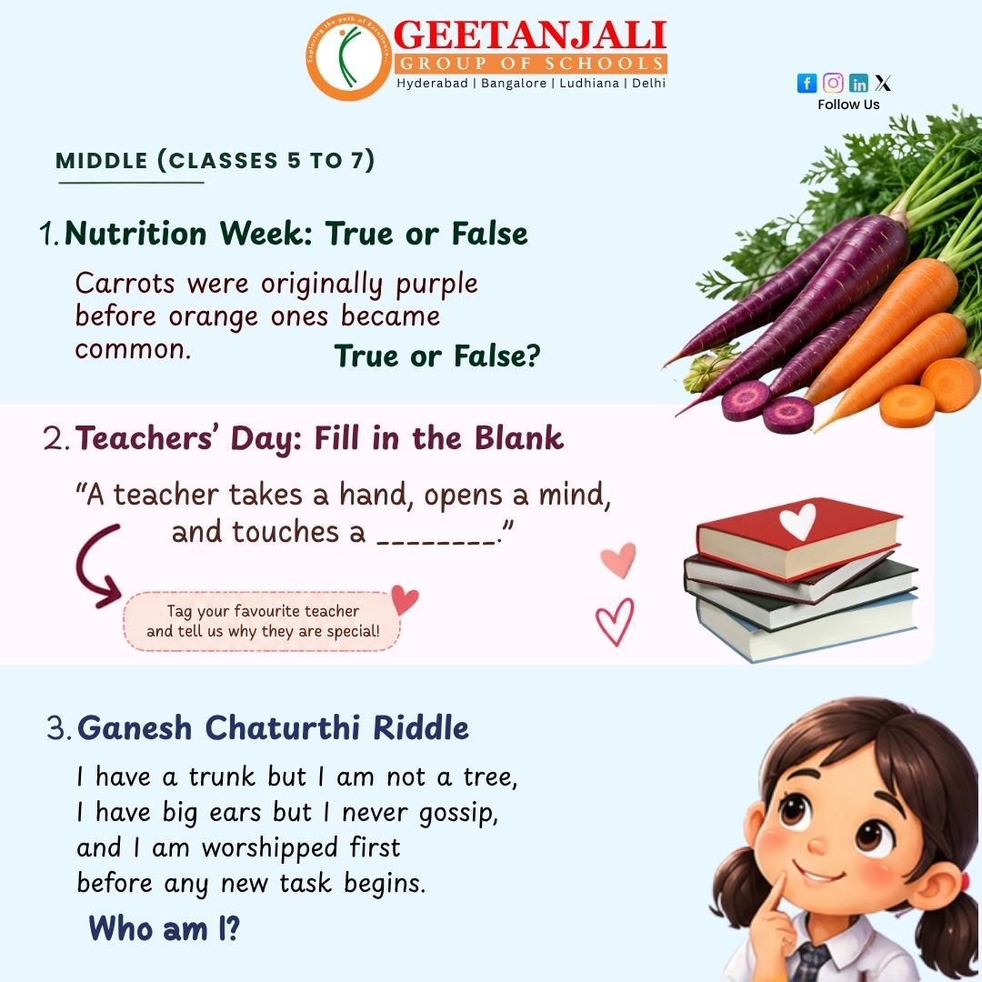 geetanjaligroup's tweet photo. ๐งฉ Think. Solve. Learn! ๐ง Nutrition Week, Teachersโ Day & Ganesh Chaturthi come together in a fun puzzle challenge! ๐โจ
Can you solve all three? ๐
๐ Geetanjali Group of Schools
#EducationalPuzzles #SchoolActivities #StudentLearning #HyderabadSchools #LearningThroughPlay https://t.co/urzDXkqjF5
