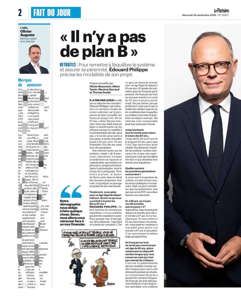 Infos_Edouard's tweet photo. 🟡 EDOUARD PHILIPPE : « Il n’y a pas de plan B » à la réforme des retraites ! 

Retrouvez le détail de cette réforme courageuse, pensée pour être juste pour tous les métiers et pour toutes les générations, dans @le_Parisien. 👇 https://t.co/MxaoZUU0mk