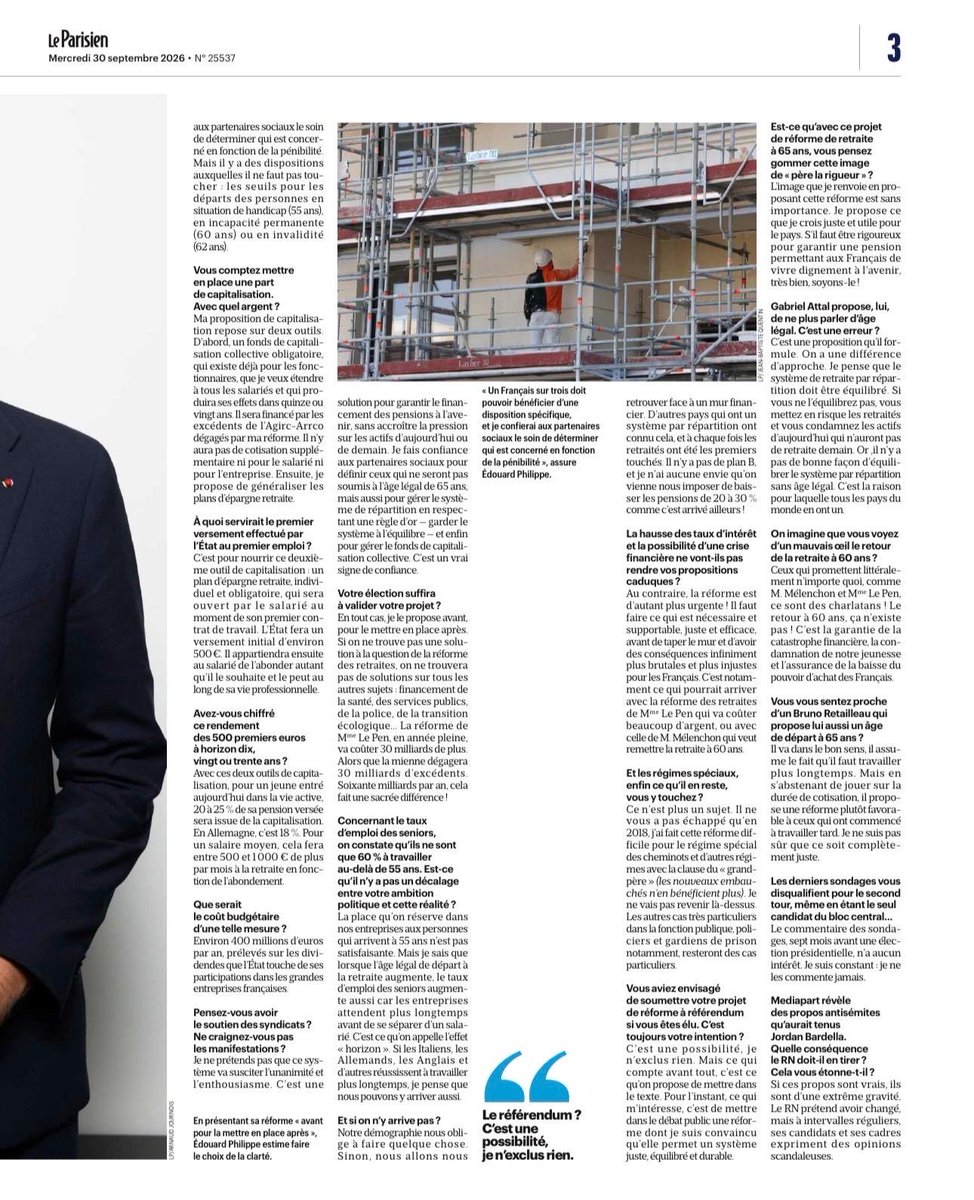 Infos_Edouard's tweet photo. 🟡 EDOUARD PHILIPPE : « Il n’y a pas de plan B » à la réforme des retraites ! 

Retrouvez le détail de cette réforme courageuse, pensée pour être juste pour tous les métiers et pour toutes les générations, dans @le_Parisien. 👇 https://t.co/MxaoZUU0mk