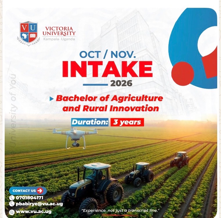 PeninahBab68801's tweet photo. Bachelor of Agriculture & Rural Innovation (3 Yrs) β Oct/Nov 2026 Intake now open at Victoria University, Kampala.
Drones. Tractors. Real field experience.
π 0701804171
π§ pbabirye@vu.ac.ug
π https://t.co/0mJo8fNfPm
#StudyAtVU #AgricultureUG #Kampala https://t.co/fKUMUXfT8u