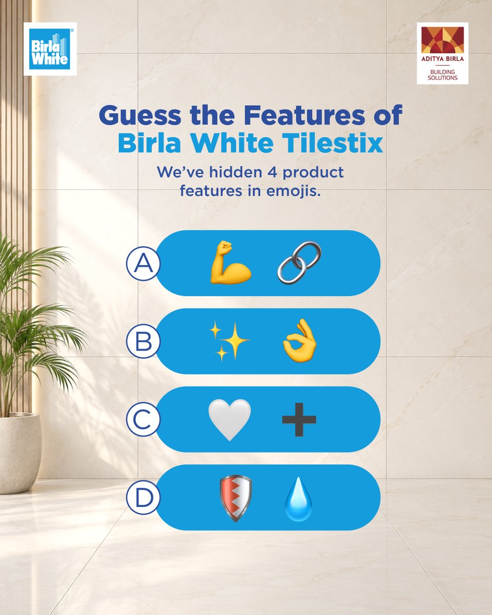 BirlaWhite's tweet photo. Birla White TileStix is your trusted adhesive for long-lasting tiled surfaces! Wondering why? We’ve hidden its features in emojis!
 
Comment your answer and stand a chance to win reward!
 
*T&C Apply
 
#BirlaWhite #DecodeTilestixContest #Tilestix #TileAdhesive #BirlaWhiteKaWhiteCementAdvantage