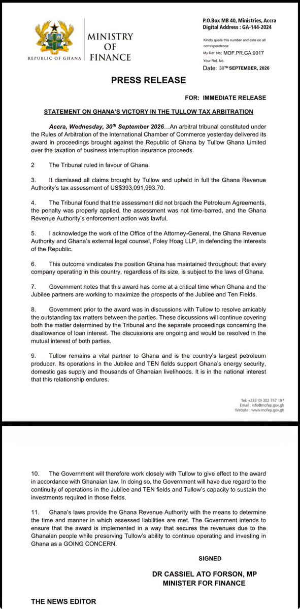 Cassielforson's tweet photo. STATEMENT ON GHANA’S VICTORY IN THE TULLOW TAX ARBITRATION! https://t.co/05ByrsdzG7