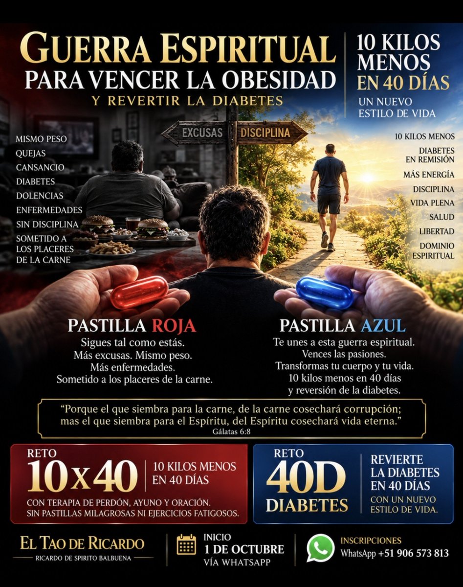 elzorrotacneno's tweet photo. ¿TE ATREVES A ENTRAR EN ESTA GUERRA ESPIRITUAL?

Mañana -1 de octubre- comienza el Reto 10×40.

Durante 40 días vamos a luchar contra aquello que tantas veces nos domina: los excesos, malos hábitos, excusas y el sometimiento a los placeres de la carne.

No será solamente una batalla contra la balanza. Será una batalla de disciplina, voluntad, oración y transformación de hábitos.

"Porque el que siembra para su carne, de la carne segará corrupción; mas el que siembra para el Espíritu, del Espíritu segará vida eterna". -Gálatas 6:8

Y aquí tienes la decisión:

🔴 La pastilla roja: seguir exactamente como estás.
🔵 La pastilla azul: entrar en la batalla y comenzar un nuevo camino.

10×40: objetivo de 10 kilos menos en 40 días.
40D Diabetes: trabajar durante 40 días por un nuevo estilo de vida orientado a la remisión de la diabetes.

No te prometo un camino fácil.
Te propongo un camino de disciplina y transformación.

Mañana comienza la batalla.
¿De qué lado vas a estar?

El Tao de Ricardo
Ricardo De Spirito Balbuena