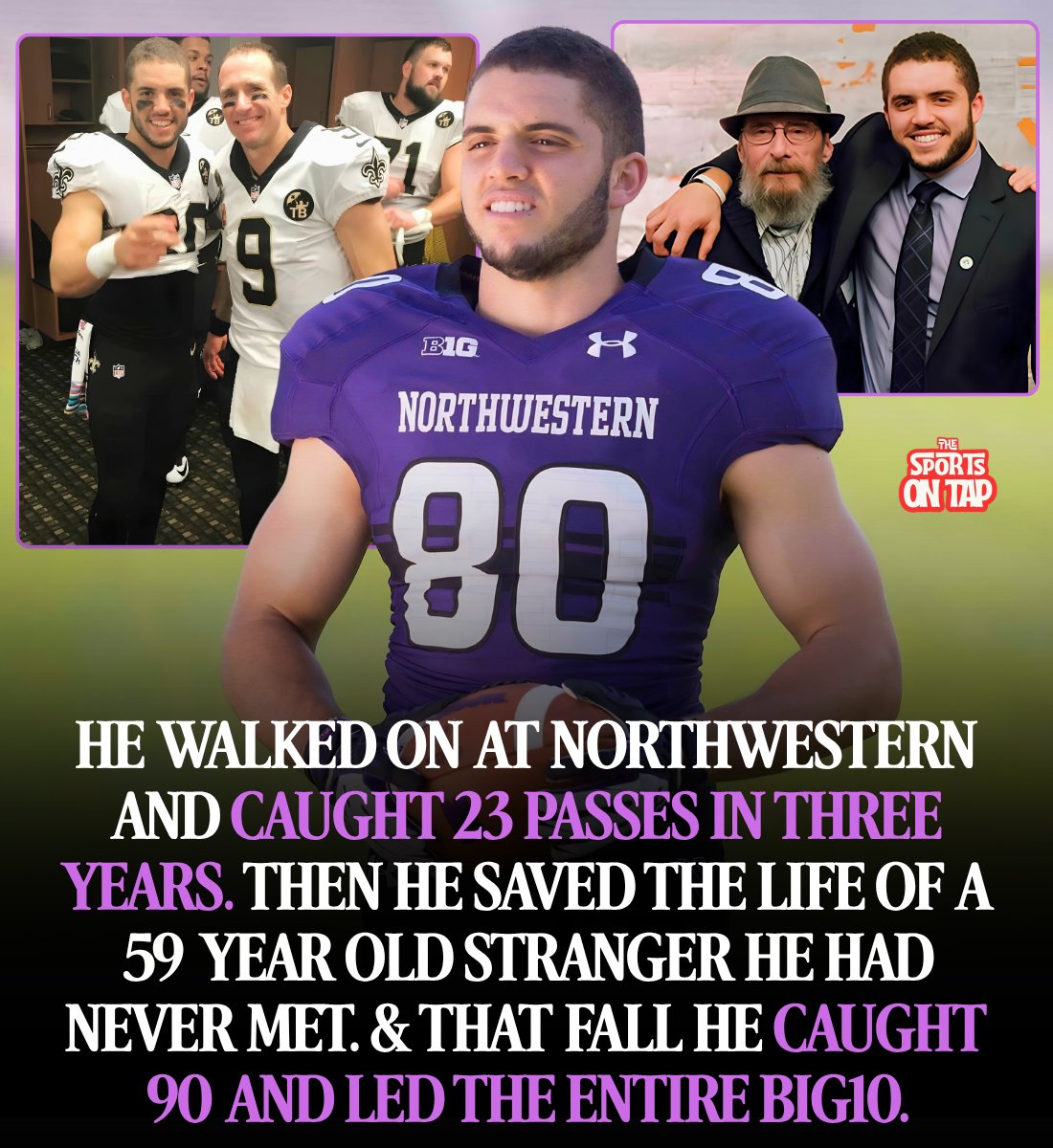 thesportsontap's tweet photo. Austin Carr grew up in California and went to Benicia High School. Nobody recruited him to play major college football.

He walked on at Northwestern. No scholarship, no promises.

In three years there he caught 23 passes.

Twenty three. Total. That is not a season, that is a career for most guys who walk on, and it is usually where the story stops.

Somewhere in there he signed up for the Be The Match registry. It costs nothing to join. You swab your cheek and you go on with your life and almost nobody ever gets called.

Asked later why he bothered, his whole answer was this.

"Why not?"

Then they called him.

A 59 year old man in Kansas City named Roy Coe, a locomotive engineer, had non-Hodgkin's lymphoma and needed a donor. Out of everybody in that registry, Austin Carr was the match.

Here is how he described finding out.

"It was like winning the lottery and losing your kid at the same time. You're not sure what it's going to be like."

He did it anyway. A college wide receiver with no scholarship and no draft stock, in the middle of trying to make something of himself, let doctors take part of him and give it to a stranger he had never met.

Then came his senior season.

Austin Carr caught 90 passes for 1,247 yards and 12 touchdowns.

Ninety. After catching 23 in his first three years combined.

He led the entire Big Ten in receptions. He led the entire Big Ten in receiving yards. He led the entire Big Ten in receiving touchdowns. All three.

They named him the Big Ten receiver of the year. He was a team captain, a second team All American, and a finalist for the Burlsworth Trophy, which goes to the best player in the country who started out as a walk on.

For his entire Northwestern career he caught 113 passes. Ninety of them came in that one year.

Nobody drafted him. The New England Patriots signed him anyway in 2017 and then cut him before the season. The New Orleans Saints claimed him off waivers and he spent four years there. He finished with 13 catches in the NFL and retired in 2021.

And in February 2018, on Super Bowl weekend, Be The Match sat him down for an interview.

Partway through it they pulled a curtain back.

Roy Coe was standing there.

The two of them had never laid eyes on each other. Carr said he felt grateful. He jokes now that Coe has hit him up on Facebook plenty of times since.

A kid with 23 career catches gave a piece of himself to a man he had never met, and then went out and had one of the best seasons any receiver in that conference has ever had.

For more stories like this, follow us on any platform @thesportsontap