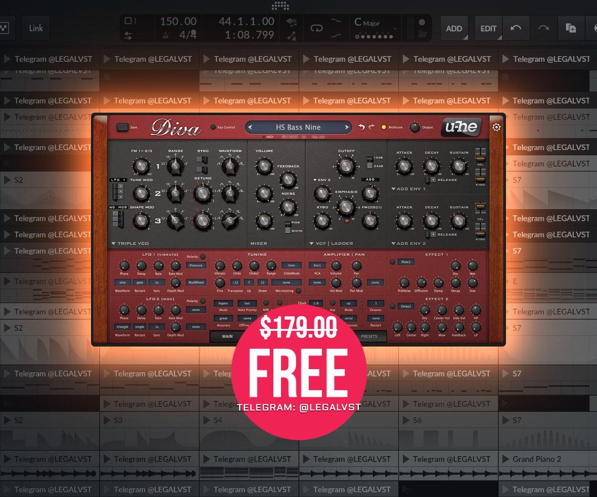 LEGAL_VST's tweet photo. Diva by U-He 🎛️
Analogue synth w/ ZDF filters, 5 osc/filter models, 3 envs, stereo FX, arp, 1200+ presets, MPE
💻 Win/Mac/Linux (CLAP/VST3/AU/AAX)
🎁 FREE (reg. $179) until Oct 5 w/ Bitwig Studio @Bitwig
🔗 Link in bio!
#synthplugin #analoguesynth #uhe #freewithpurchase https://t.co/ifX2xr7ODd
