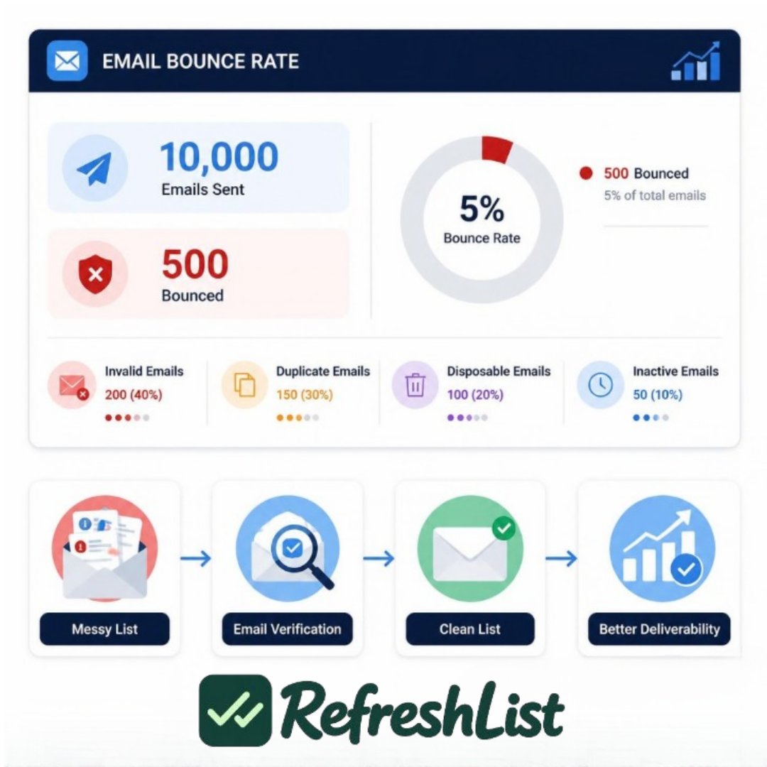 Refresh_list's tweet photo. Why Is Your Email Bounce Rate High?

You send 10,000 emails.

But 500 never reach the inbox.

That’s a 5% bounce rate.

The problem may not be your email content.

Your list could contain:

Invalid email addresses
Duplicate contacts
Disposable emails
Old or inactive addresses

That’s why checking your email list before sending matters.

A clean list can help you:
Reduce avoidable bounces
Improve list quality
Protect email deliverability
Get more reliable campaign data

Before you send more emails, check the emails you already have.

RefreshList helps businesses identify problematic addresses and clean their email lists before campaigns go out.
#EmailMarketing #EmailDeliverability #EmailVerification #EmailList