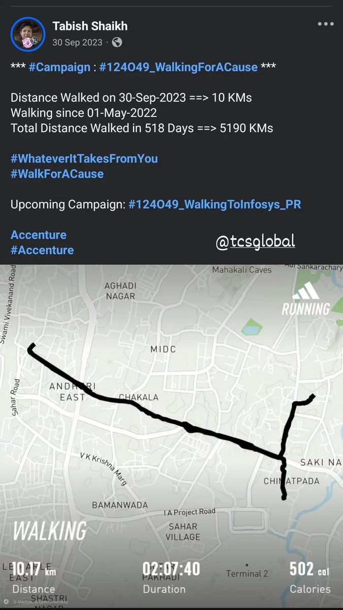 TabishSk21's tweet photo. #RunForACause

@TCS
#TCS

* #Campaign : #124O49_WalkingForACause

Distance Walked on 30-Sep-2024 ==> 10 KMs
Walking since 01-May-2022
Total Distance Walked in 884 Days ==> 8840 KMs

#WhateverItTakesFromYou
#WalkForACause

 #124O49_WalkingToInfosys_PR 

Tata Consultancy Services https://t.co/wPxKKQoILO