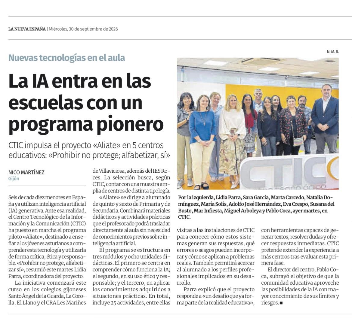 AulasInteligent's tweet photo. "Prohibir no protege; alfabetizar, sí". Asturias presenta un proyecto piloto en 5 centros educativos para integrar la IA de manera ética y responsable con un plan coordinado con el CTIC. Ese es el camino. https://t.co/IqOtwGc3WK