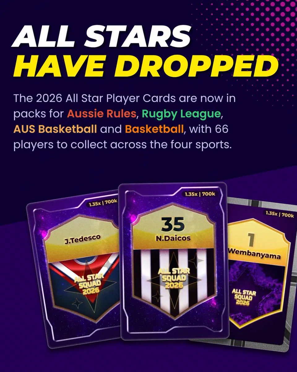 GamedaySquad's tweet photo. All Stars player cards have landed 🌟

Get them before they fly out of packs! 🏆

#GDSFantasy https://t.co/N9ivUvWWJH