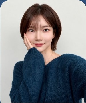 A portrait of a young woman with short brown hair, wearing a blue knit sweater, posing with her hand against her cheek against a plain white background.