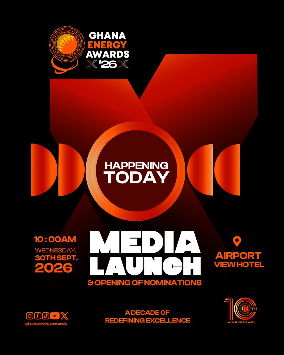_EnergyGhana's tweet photo. Today, the prestigious Ghana Energy Awards officially launches its 10th Anniversary Edition.

Join us as we unveil the 2026 theme and award categories and officially open nominations for the 10th Ghana Energy Awards.

A Decade of Redefining Excellence. https://t.co/VASPg9CKSD