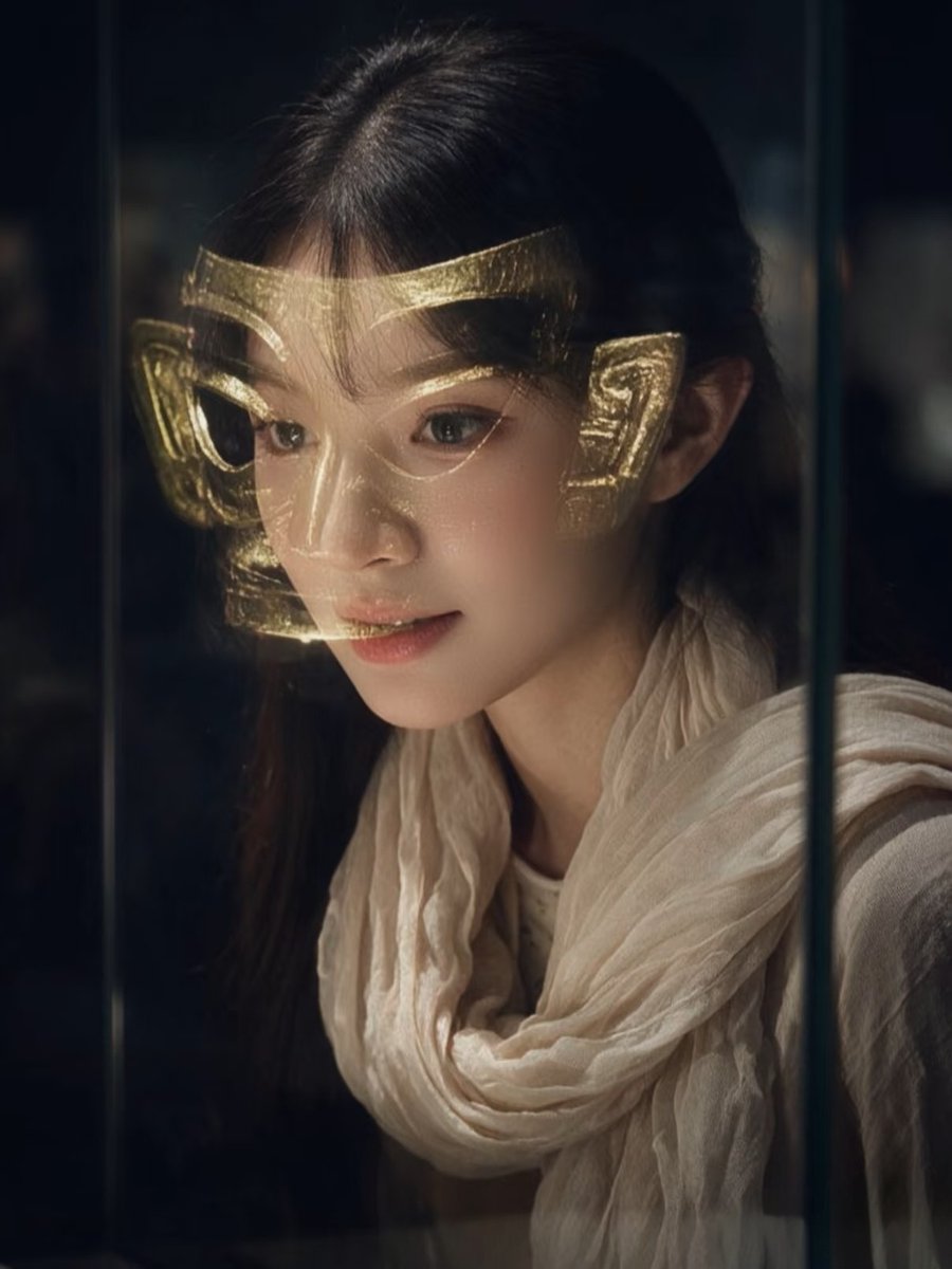 zhileibao's tweet photo. 爱惨了"The golden foil mask at the Sanxingdui Museum has become a must-do for girls! 📸 With a clever angle, wearing this ancient relic makes you look absolutely breathtaking. A perfect blend of mystery and modern beauty. ✨" #GoldenMask   #MuseumVibes   #TravelChina https://t.co/DztsZ6GYTN