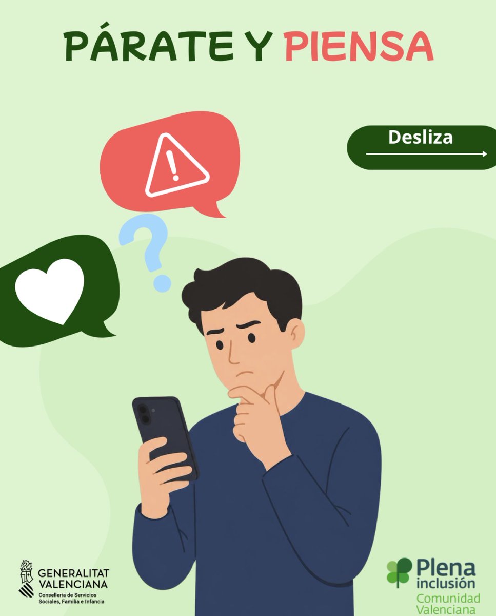 PlenaCV's tweet photo. 🛑 Antes de compartir, párate y piensa: ¿insulta, humilla o promueve el odio o la desigualdad? Si es así, no lo compartas.
Elige contenidos que fomenten el respeto y la igualdad. 💚
👉 Si no respeta, no lo compartas.
#Manosfera #Igualdad #InternetSeguro #PlenaInclusiónCV https://t.co/xCNqd0zJcq