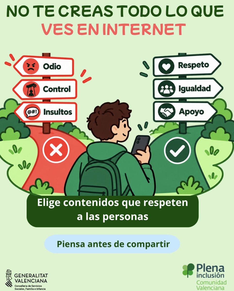 PlenaCV's tweet photo. 🛑 Antes de compartir, párate y piensa: ¿insulta, humilla o promueve el odio o la desigualdad? Si es así, no lo compartas.
Elige contenidos que fomenten el respeto y la igualdad. 💚
👉 Si no respeta, no lo compartas.
#Manosfera #Igualdad #InternetSeguro #PlenaInclusiónCV https://t.co/xCNqd0zJcq