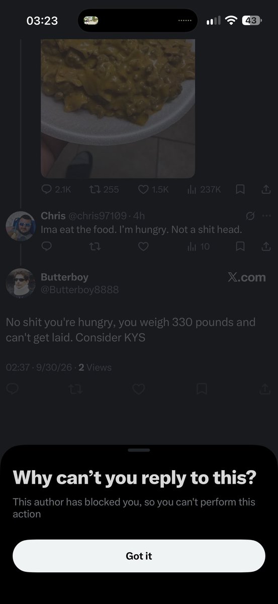 chris97109's tweet photo. @_brownie0_ @butterboy8888 you block me after talking shit but I’m a solid 256 and lift more than you weigh for a warmup. Don’t talk shit if you can’t take a hit https://t.co/iPlJvvSXtb