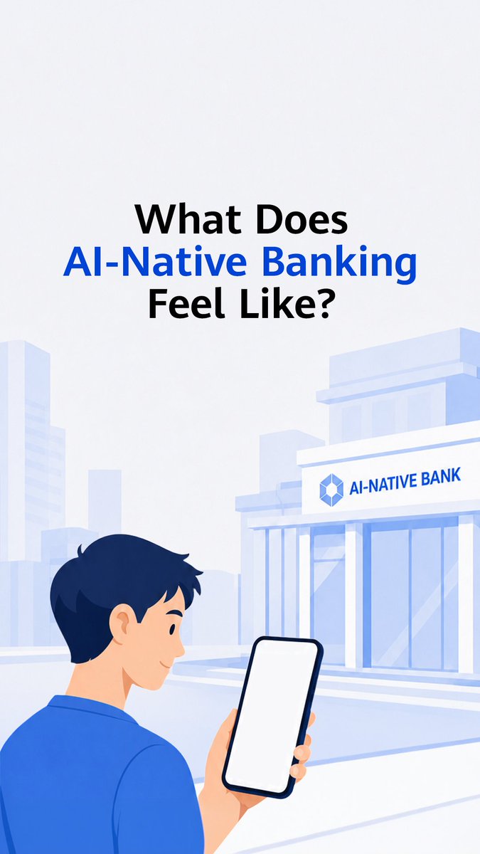 The image shows an illustrated man in a blue shirt holding a smartphone, standing in front of a building labeled "AI-NATIVE BANK," with the heading "What Does AI-Native Banking Feel Like?" displayed above. This visual ties into the post by depicting a customer engaging with an AI-driven bank, illustrating how AI-native banking is meant to feel seamless and mobile-first.