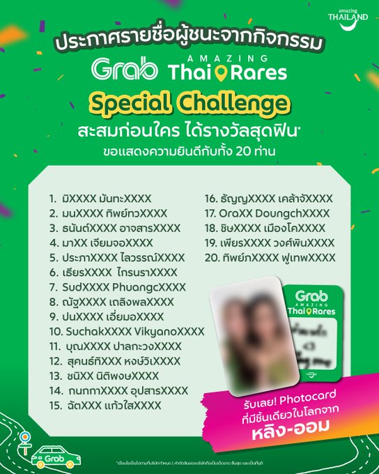 A promotional graphic from "amazing THAILAND" announces the 20 winners of the "Grab Amazing Thai Rares Special Challenge" (ประกาศรายชื่อผู้ชนะจากกิจกรรม), listing their partially redacted names alongside a sample Grab Thai Rares Photocard and noting that prizes will be delivered by the team.