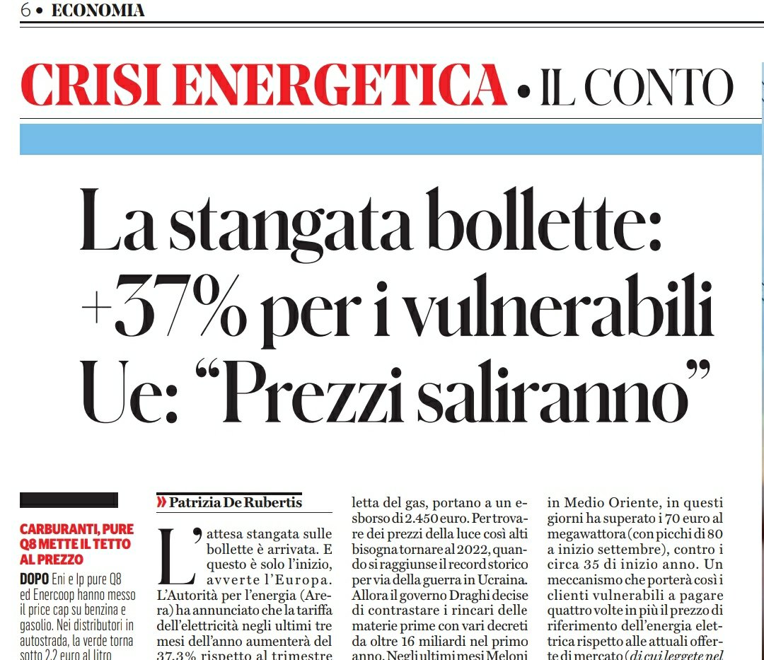 Gitro77's tweet photo. La privatizzazione del settore energetico ce l'ha imposta la UE (anni 90). La liberalizzazione del mercato dei prezzi ce l'ha imposta la UE (1996). Il mercato ETS per le quote di CO2 ce lo ha imposto la UE (2005). Le sanzioni alla Russia ce le ha imposte la UE (2022). L'abolizione del mercato tutelato per l'energia elettrica e per il gas ce l'ha imposta la UE (2024). Dal 1996 a oggi  la bolletta dell'elettricità è aumentata del 217% in valori nominali (+89% in valori reali), quella del gas del 156% (+60% in valori reali). Dalla UE non basta uscire. Va distrutta per poi cospargere di sale le sue rovine di modo che non rinasca mai più.