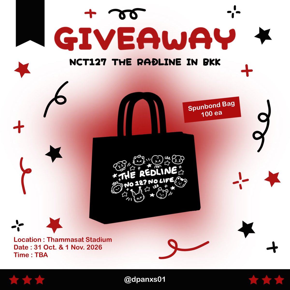 dpanxs01's tweet photo. ₊⋆❀pls kindly rt❀⋆₊

Giveaway for NCT127 THE REDLINE IN BKK

 👜 Spunbond Bag 100 ea

Date : 31 Oct. &amp; 1 Nov. 2026
Location : Thammasat Stadium
Time : TBA

❤️rt + show this tweet💚

#NCT127_5TH_NEOCITY_THE_REDLINE #NCT127_5TH_NEOCITY_BANGKOK_THE_REDLINE #THE_REDLINE_BANGKOK https://t.co/PqC3U88W6q