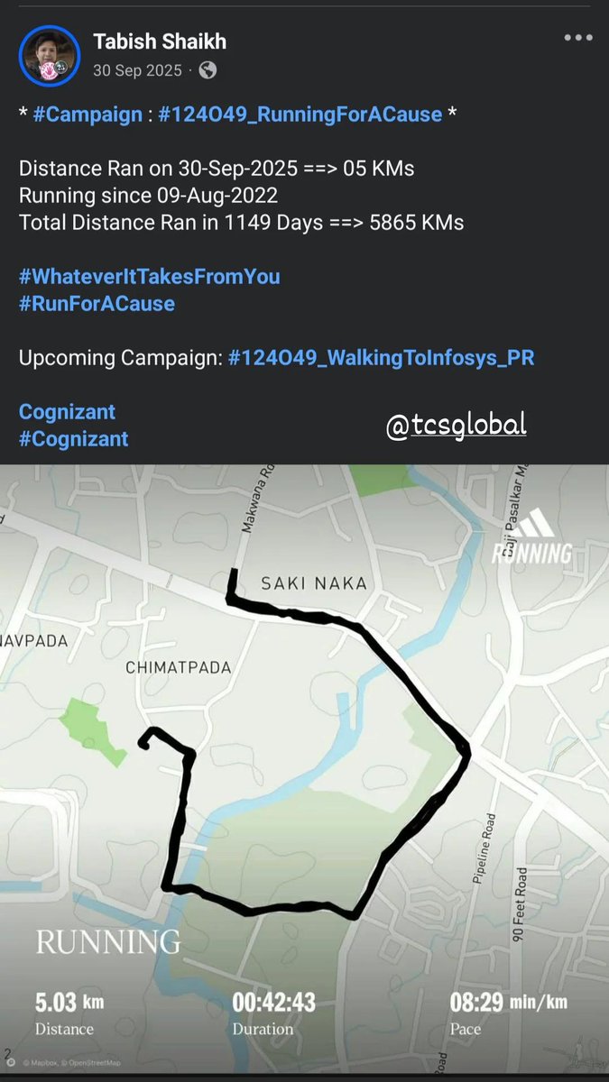 TabishSk21's tweet photo. Accenture 
#Accenture

* #Campaign : #124O49_RunningForACause *

Distance Ran on 30-Sep-2022 ==> 05 KMs
Running since 09-Aug-2022 
Total Distance Ran in 53 Days ==> 265 KMs

#WhateverItTakesFromYou
#RunForACause

Upcoming Campaign:  TBD

@Infosys https://t.co/GQD0tp37LF