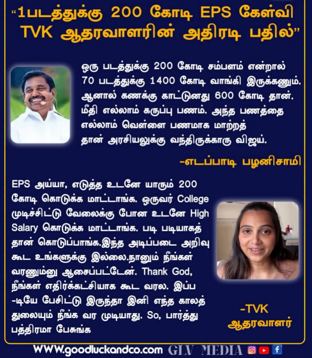 tamil_nadu_news's tweet photo. "1படத்துக்கு 200 கோடி EPS கேள்வி TVK ஆதரவாளரின் அதிரடி பதில்”
.
.
.
#EPS #edapadipalaniswamy #tvk #SocialMediaTrending #TNUpdates #explore 
#thalapathyfans

👇
https://t.co/qocnD5Ocqa
👇
https://t.co/SKpnf9VWnb
👇
https://t.co/C9pV2BI8le https://t.co/iJ2E0BEmRh