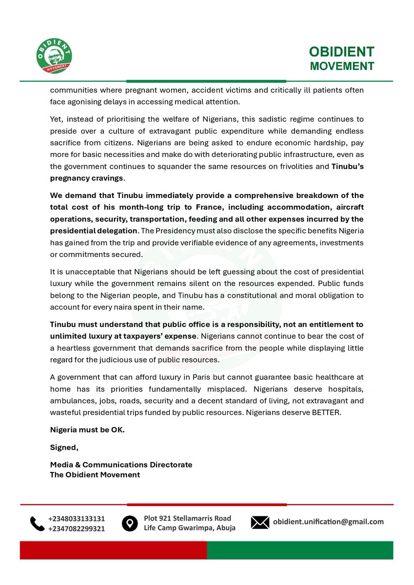 ObidientUpdate's tweet photo. PRESS STATEMENT

TINUBU’S WASTEFUL PARIS TRIP COULD HAVE FUNDED TWENTY PRIMARY HEALTHCARE CENTRES, 100 AMBULANCES