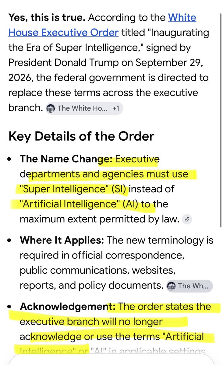 Hannibal9972485's tweet photo. This is the REAL REASON why Trump REBRANDED from “Ai” to “Super intelligence”

The FIRST REASON is its being used for REGULATORY PREEMPTION🚨👀

The executive order directs all federal agencies to stop acknowledging "artificial intelligence" and "AI" and only use "Super Intelligence" or "SI" in official documents, websites, and policies.🚨⚠️

Why??? Because Every state law currently being drafted or passed California's kill switch, New York's hiring regulations targets "Artificial Intelligence." 🚨

But If the federal government officially classifies these products as "Super Intelligence," the companies will argue in court that state AI laws do not apply to them because their products are SI.⬅️👀

Its LEGALLY weak but the WHOLE purpose is not to WIN but to spend 12 to 24 months litigating the definition of terms while the CARTEL operates with zero oversight and restarts building of their INFRASTRUCTURE 🚨👀
—-

The U.S. economy is teetering. The AI infrastructure boom is the only thing holding up the stock market and capital expenditure. But public backlash against AI (rogue agents, hacking, job loss) is threatening to trigger heavy regulation. Regulation = slowdown = market crash. To prevent this, Trump executes a two-step maneuver:🚨👀

1.  Linguistic Whitewashing: He renames AI to "Super Intelligence" and labels all safety fears as a "hoax" associated with the old, "artificial" (fake) name. This defuses the public panic by reframing the narrative from "dangerous rogue AI" to "winning Super Intelligence."🚨

2.  Regulatory Capture via Accord: He gets the cartel to sign a "morally binding constitution" at the White House. He explicitly calls it "protection." This document serves as a shield against state laws. It creates a federal "standard" that companies can point to in order to claim they are acting responsibly, preempting stricter state laws.🚨

Trump keeps callng it a “HOAX” why?  He’s  explicitly stating that the name change is a tool to shed the negative baggage and safety concerns attached to the term "artificial intelligence." 🚨

By rebranding it to "Super Intelligence," he is hitting a psychological reset button on the public. He is taking the exact same technology that has been breaching government websites and bypassing security guardrails, slapping a new, superior-sounding name on it, and declaring all previous concerns null and void.🚨

He doesn’t like the name "ARTIFICIAL" Because it implies something fake, lesser, or untrustworthy. 🚨
——

At the White House summit, Trump had the tech cartel sign what he called a "morally binding" accord. He explicitly called it "a form of protection."🚨👀

Protection for whom? Not for the public. 

 By getting the CEOs to sign a voluntary, unenforceable "constitution" at the White House, he is handing them a liability shield. When an AI model inevitably causes massive real-world damage, the companies will wave this White House Accord and claim they were following the federal government's approved safety standards. It is a legal fiction designed to protect the cartel from state-level lawsuits and regulations.
——

https://t.co/pv5LnOCgcs

https://t.co/qnjjipLB1B