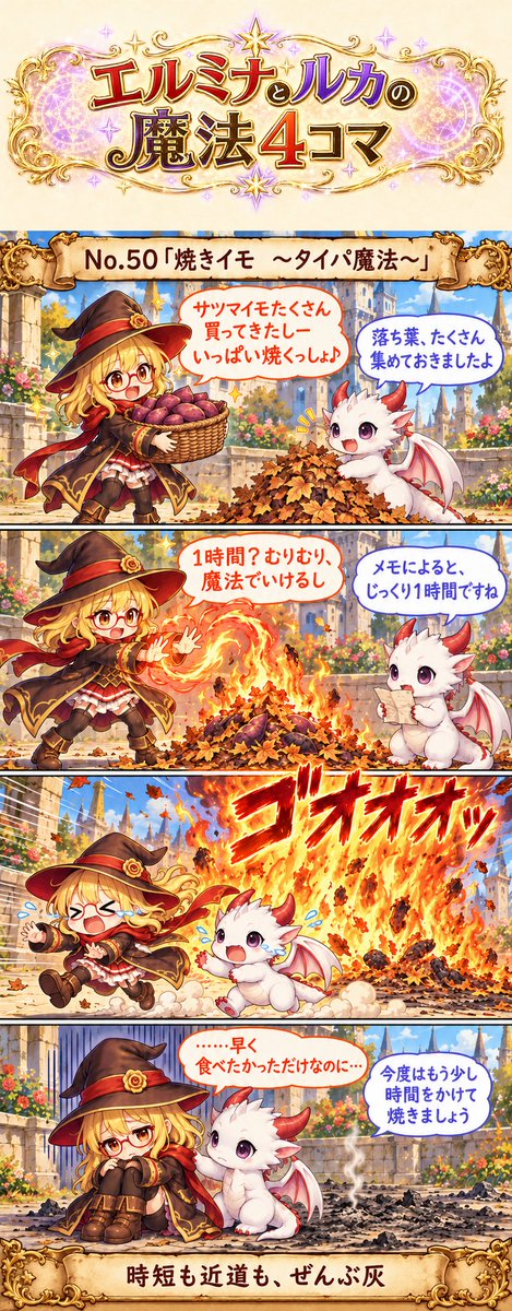 elmina_4koma's tweet photo. No.50「焼きイモ　〜タイパ魔法〜」

サツマイモいっぱい買ってきたし
ルカが落ち葉も集めてくれたし
あとは焼くだけっしょ
でも1時間待つとかむりじゃない？
魔法でちゃちゃっといけると思ったんだけど

#エルミナとルカの魔法４コマ
#AIart
#AI漫画
#AI4コマ https://t.co/3NhD0vpNgQ