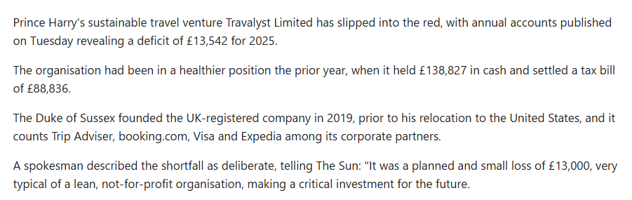 MDymore's tweet photo. Could that be because it is the 'anti-travel company' - unless you are rich and/or famous 🤔🤔🤔#HarryIsATraitor
"Harry's aide issues statement as duke's travel company suffers small £13.5k loss." https://t.co/BUDfY1OIzA