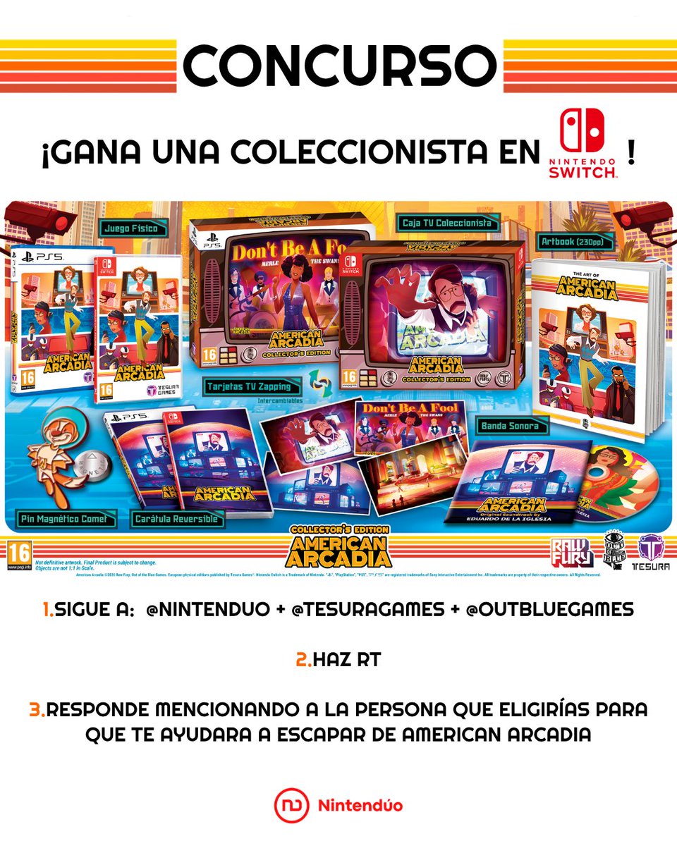 Nintenduo's tweet photo. ❤️ SORTEO de American Arcadia físico para Nintendo Switch 💙

✅ Sigue a @Nintenduo, @TesuraGames y @OutBlueGames
✅ Haz RT al post
✅ Responde mencionando a la persona que elegirías para escapar de American Arcadia

¡Mucha suerte a todos! https://t.co/MsbFeIa82X
