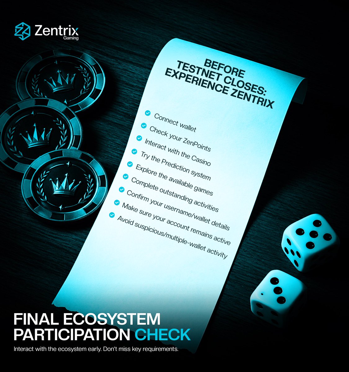 Zentrixgaming_'s tweet photo. 🚨 48 HOURS FINAL CALL TO COMPLETE THE ZENTRIX TESTNET 🚨

We’re officially entering the final 48 hours of the Zentrix Testnet.

If you’ve been participating, this is the time to make sure your account is  active and your required activities are completed before the testnet closes.

Before the deadline, make sure you:
✅ Connect your wallet
✅ Check your Zent Points
✅ Interact with the Casino
✅ Try the Prediction System
✅ Explore the available games
✅ Complete any outstanding activities
✅ Confirm your username/wallet details
✅ Keep your account active
✅ Avoid suspicious or multiple-wallet activity

⚠️ Important: Eligibility and final rewards will be based on the project’s requirements and verification process. Make sure your activity is genuine and your details are correct.

This is your final opportunity to complete your participation and be ready for the next phase of Zentrix Gaming.
