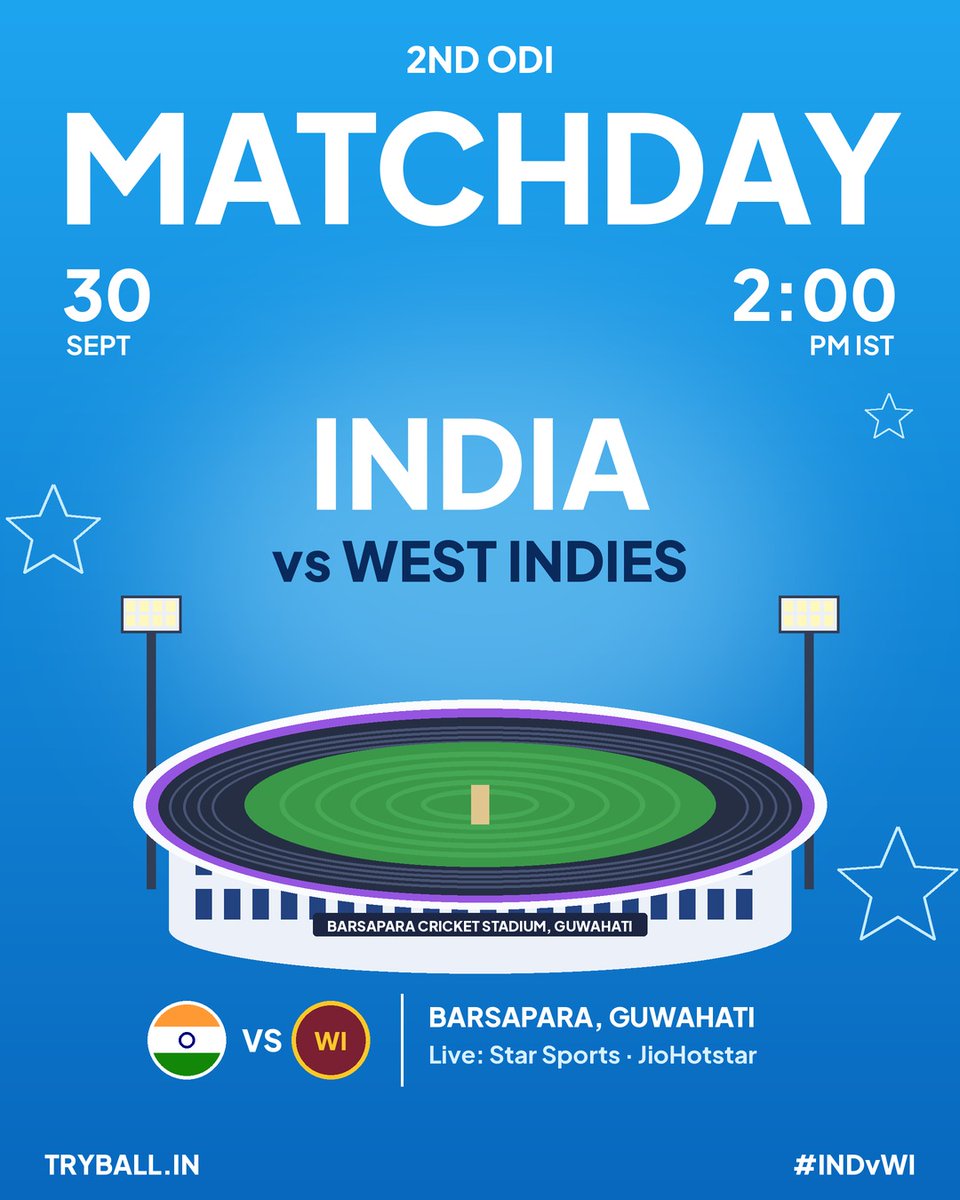 tryb_all's tweet photo. IT'S MATCHDAY 🇮🇳🔥

India can seal the series today in Guwahati 🏆

🏏 IND vs WI, 2nd ODI
🪙 Toss 1:30 PM | First ball 2:00 PM IST
📺 Star Sports | 📱 JioHotstar
India have won both their ODIs at this ground, and Kohli made 100+ in each 👑

Channel numbers, squads & live score 👇
https://t.co/o2ztnU538F
#INDvWI #TeamIndia