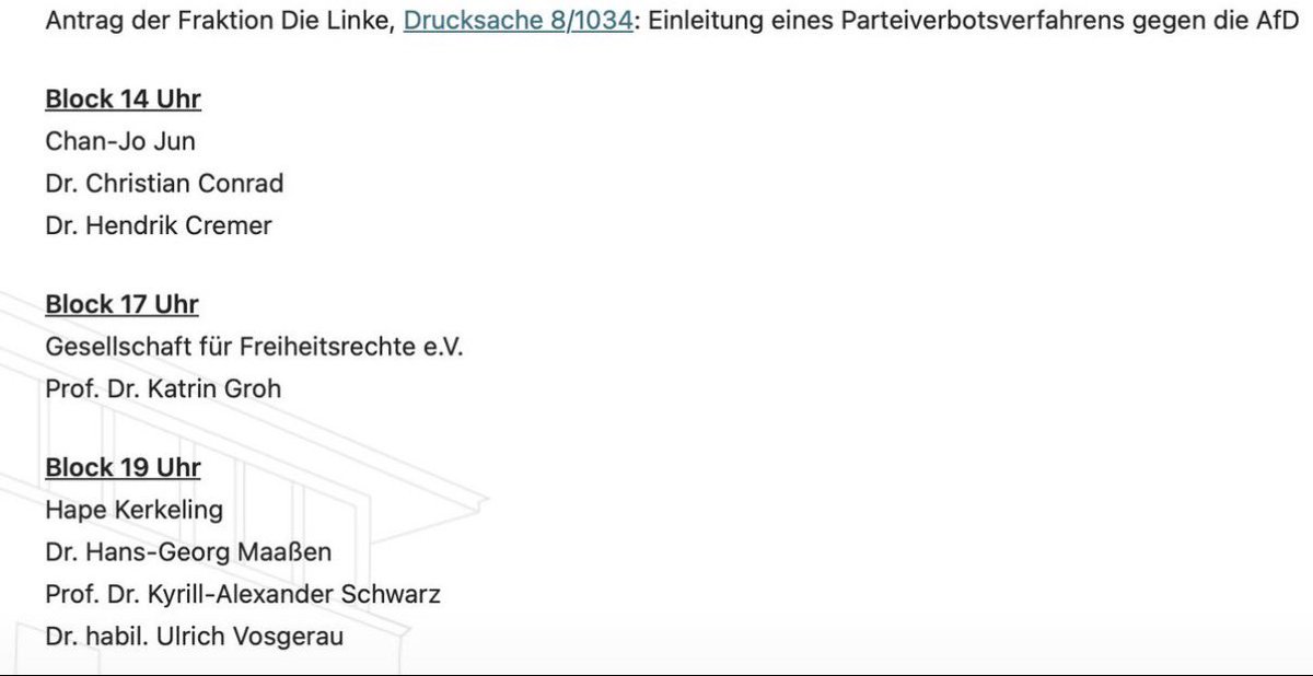 Bundeskanz50246's tweet photo. Heute ist übrigens Hape Kerkeling im Thüringer Landtag, weil es eine „Expertenanhörung“ im Justizausschuss bezüglich des Antrags der Linken auf ein AfD-Verbotsverfahren gibt.

Wirklich eine lustige Auswahl an Experten: diese komische NGO, die vor Kurzem das „Gutachten“ veröffentlicht hat, das besagt, dass die AfD voll doof und gefährlich ist, dann noch der lustige Anwalt Jun und weitere illustre Experten. Naja, ein paar Vernünftige sind ja auch dabei zum Glück 🙃
