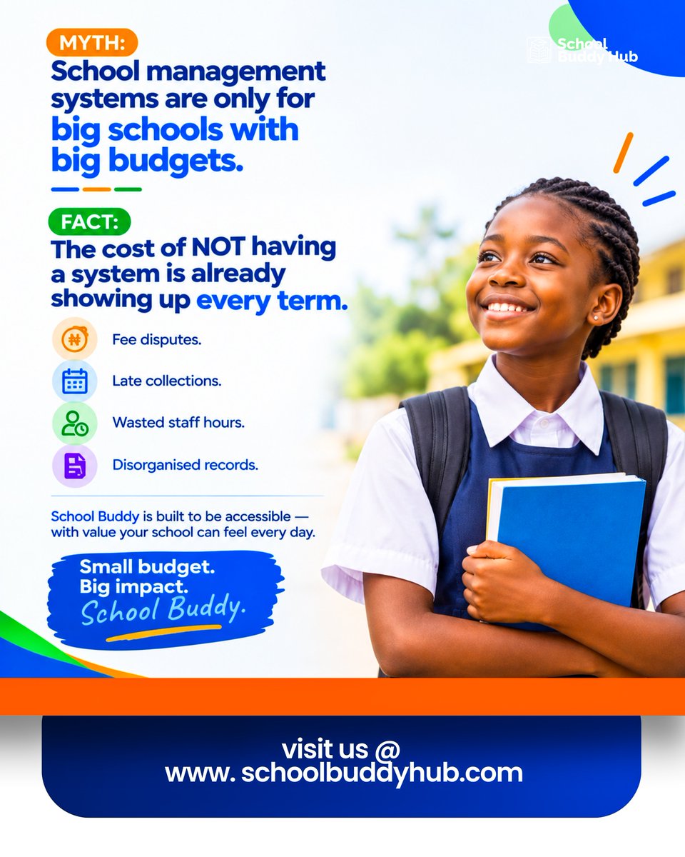 SchoolBuddyHub's tweet photo. Think school management systems are only for big schools with massive budgets? Think again.

​Fee disputes, wasted staff hours, and lost records add up every term.

​Small budget. Big impact. 

​ Visit https://t.co/TuzVmoHxQD 

​#EdTech #SchoolManagement #Education #SchoolAdmin https://t.co/peRnMnOord